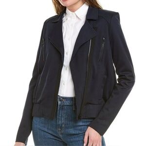 CABI CHANCE MOTO JACKET NAVY BLUE BLACK TRIM CONTRAST FABRIC BACK WOMENS SMALL